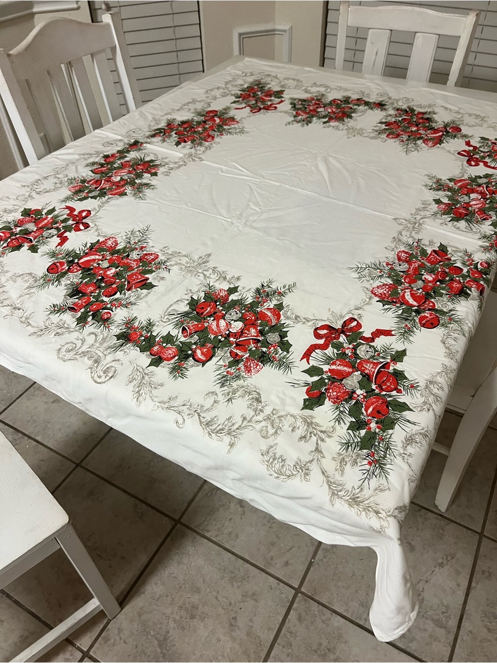 Vintage Christmas Tablecloth Mid Century Bells Holly Pinecones  48X48 Excellent